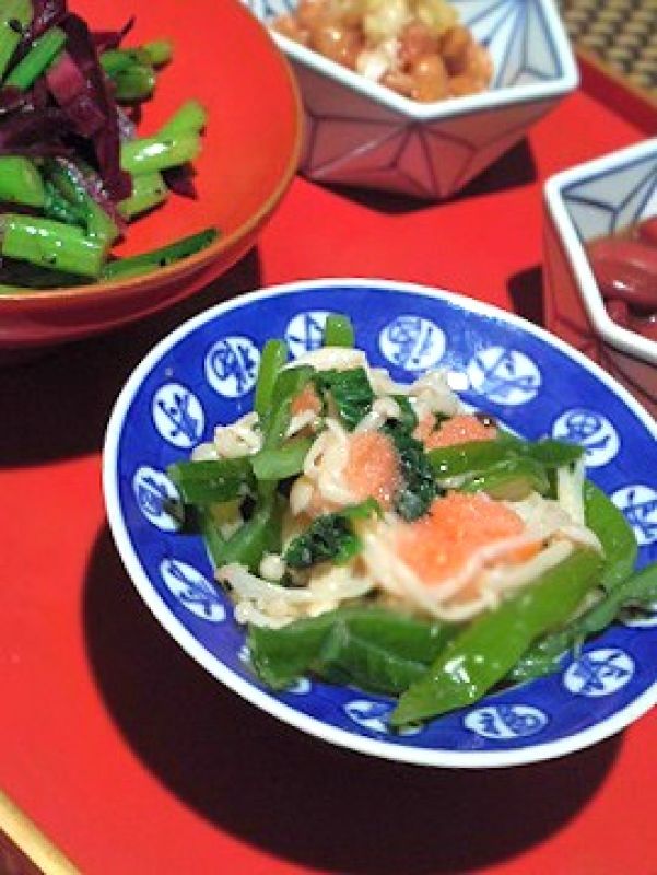 さっぱり和え物、エノキと茎若布のタラコ和え