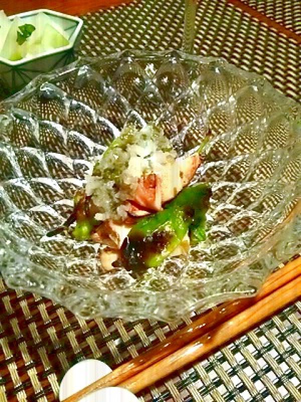 炙りエリンギとしし唐の翡翠霙和え