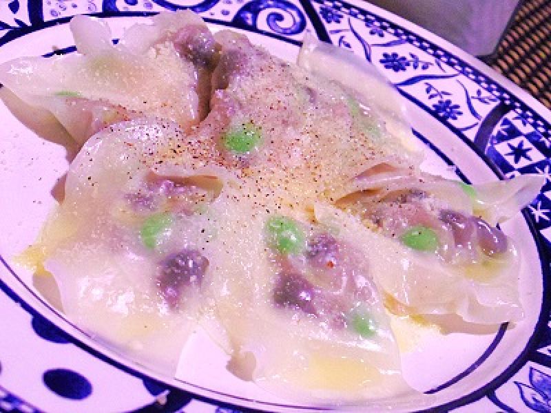 餃子の皮でお手軽、エリンギと枝豆の冷製ラビオリ