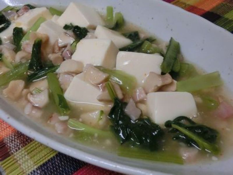 小松菜とベーコンエリンギの塩麻婆豆腐
