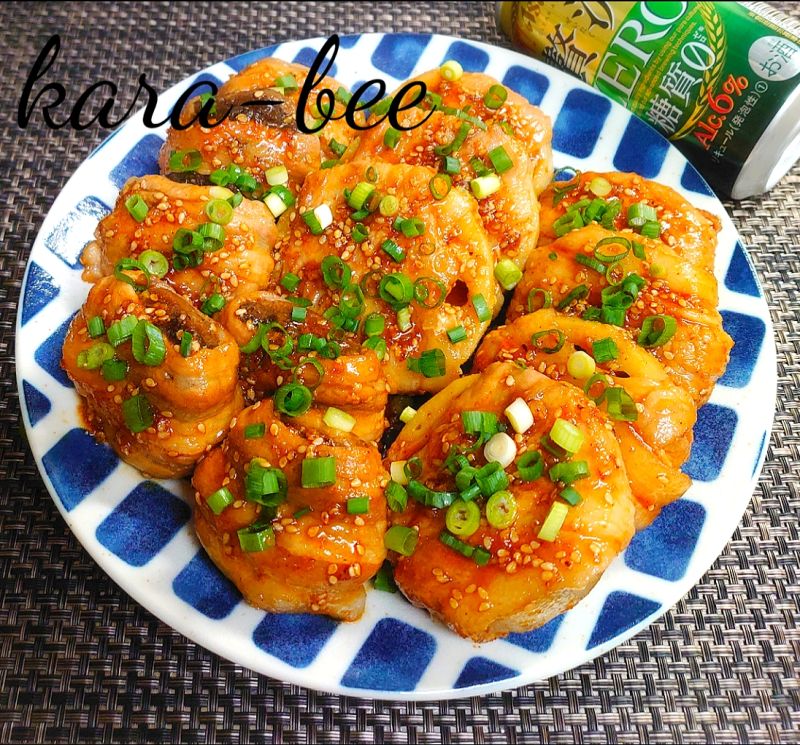 ビールが進む♪はちみつコチュ照り肉巻き生どんこ＆肉巻き蓮根