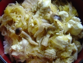 そうめん南瓜ときのこのカレー麻婆豆腐丼