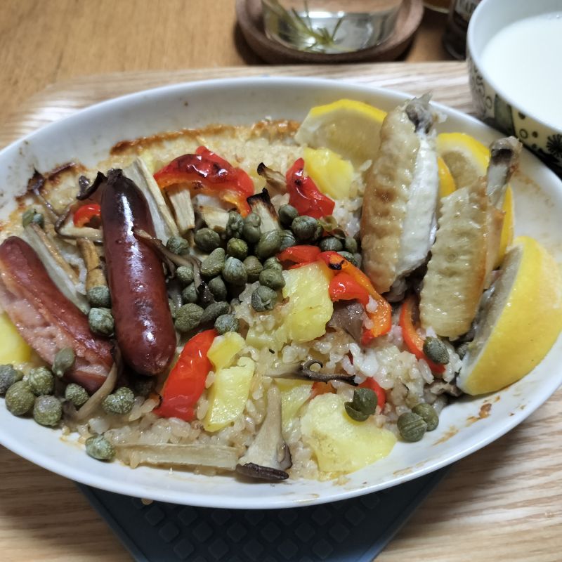 舞茸と玄米、すっきりレモンのパエリア