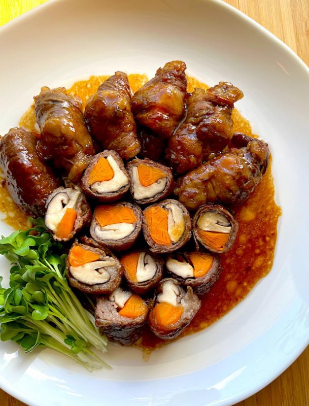 ほっこり♪ぷりぷりどんこと人参の八幡巻風