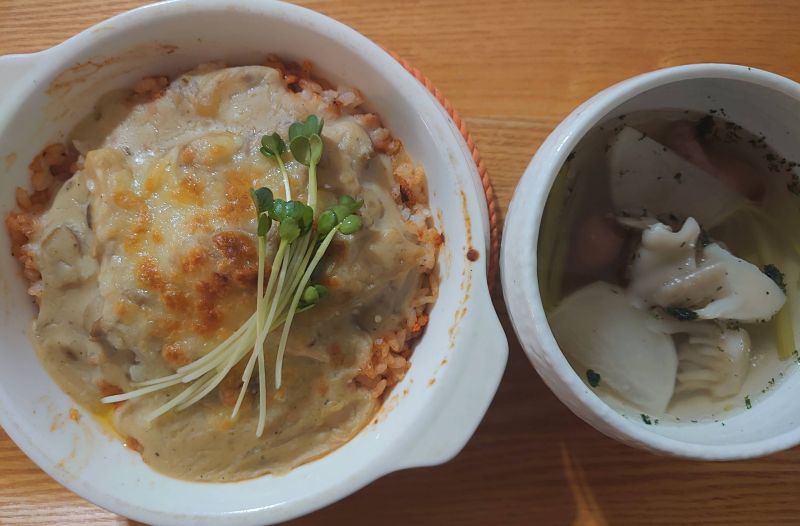 舞茸豆乳ドリアと舞茸蕪スープ