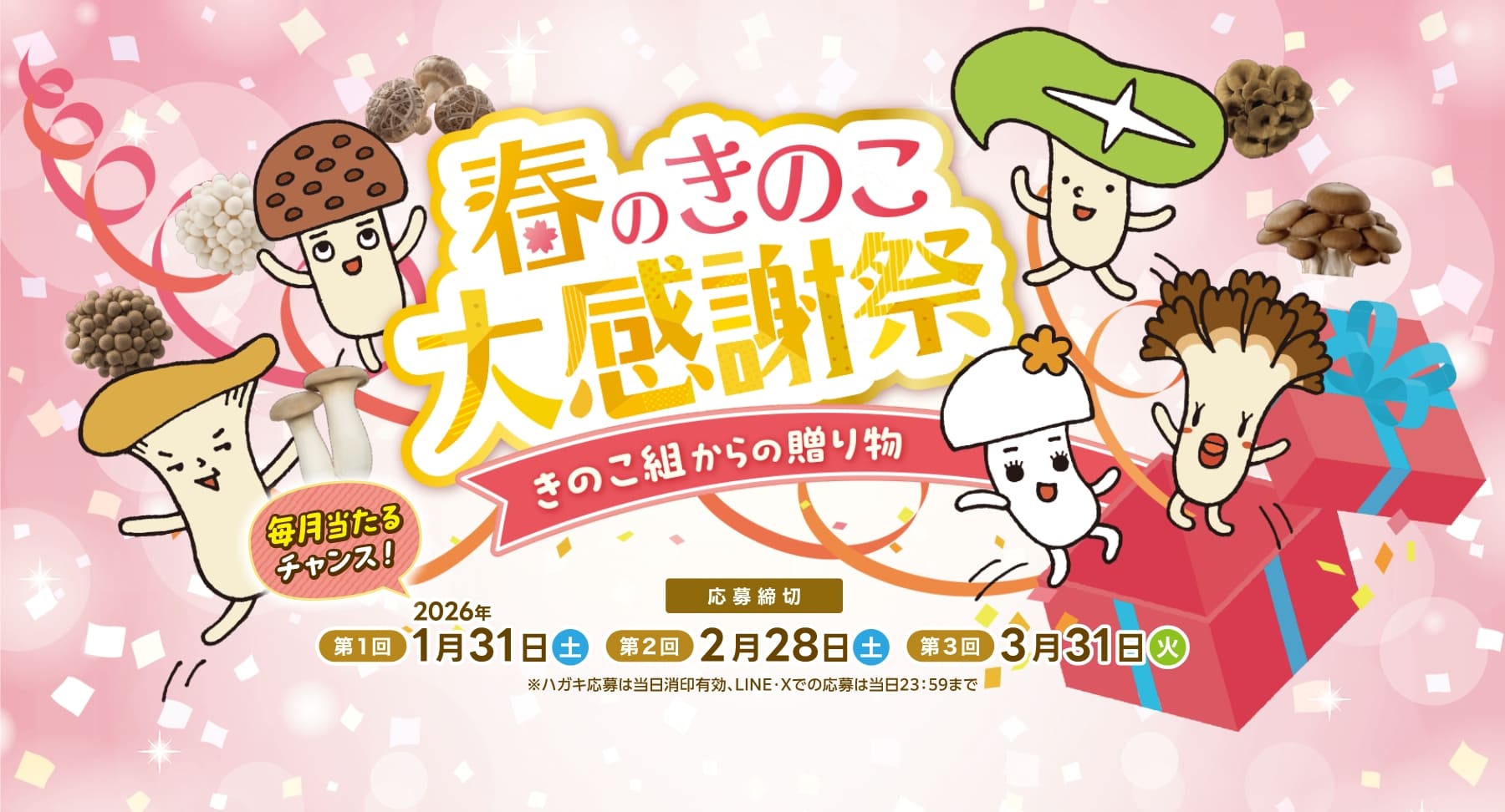 春のきのこ大感謝祭 きのこ組からの贈り物, 毎月当たるチャンス, 応募締切 第一回2026年1月31日、2月28日、3月31日