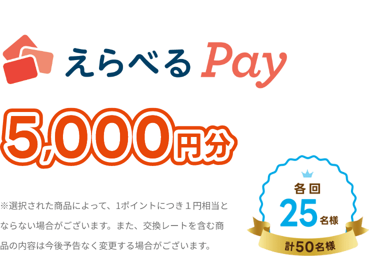 えらべるPay 5,000円分 各回25名様 計50名様